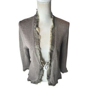 BODEN Linen Silk Blend Ruffle Detail CARDIGAN SWEATER W Tie Sz 14 Brown Green